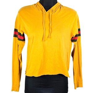 On Fire Mustard Yellow Hooded Long Sleeve Shirt With Striped Bands on Sleeves J